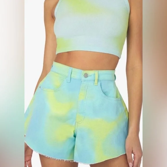 NEW WeWoreWhat Flare Bell High Waisted Tie Dye Shorts in Blue & Green Sz 27 NWT - Picture 1 of 9